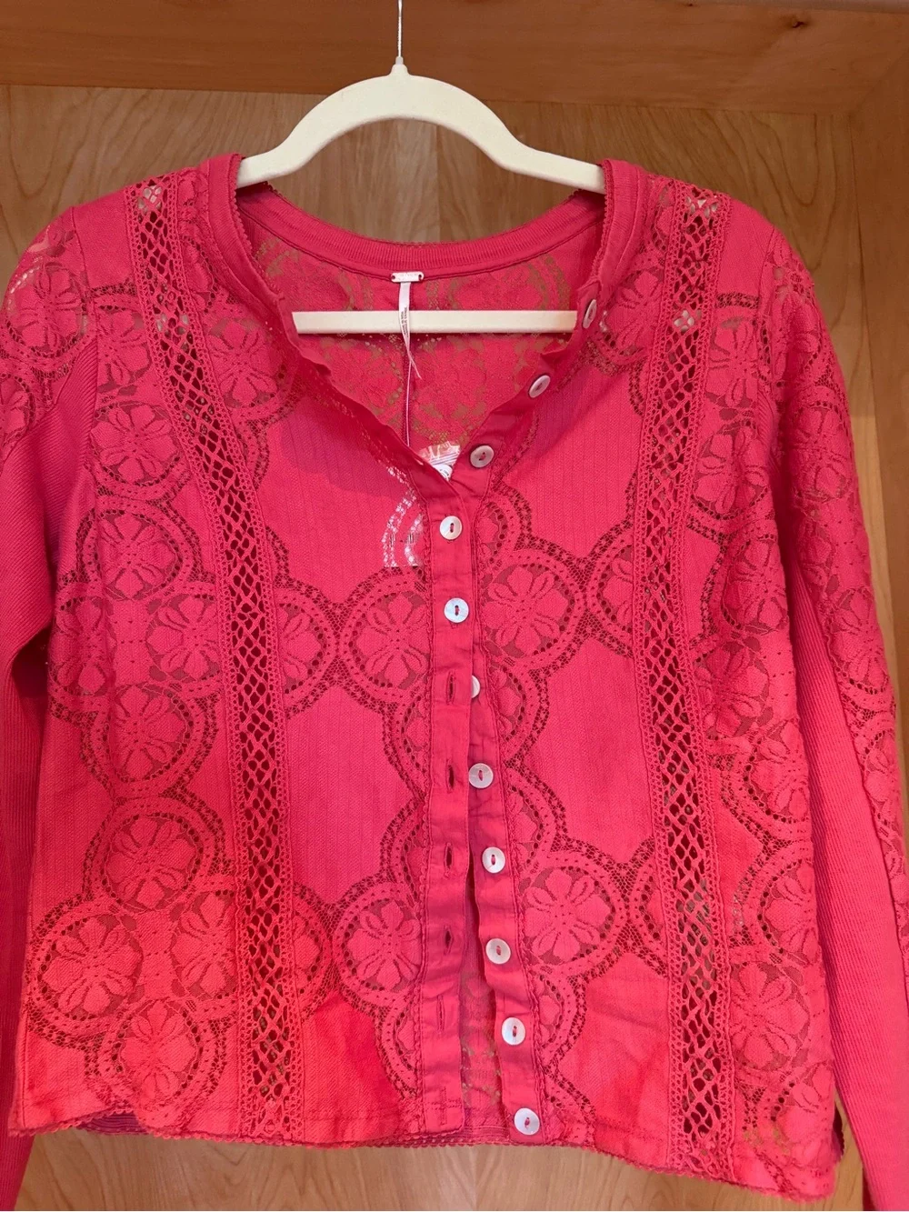 Free People Red Crochet Lace Button-Front Long Sleeve Top